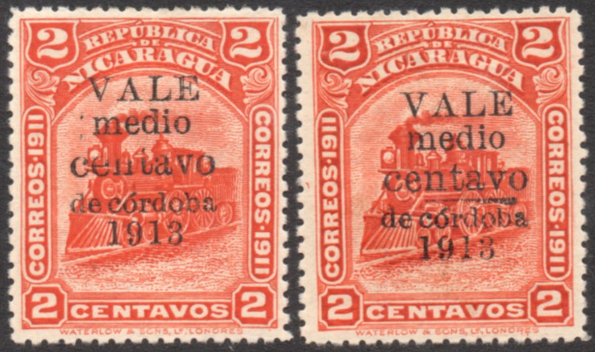 Nicaragua stamps 1913 surcharges Locomotive medio centavo Varieties on the word centavo